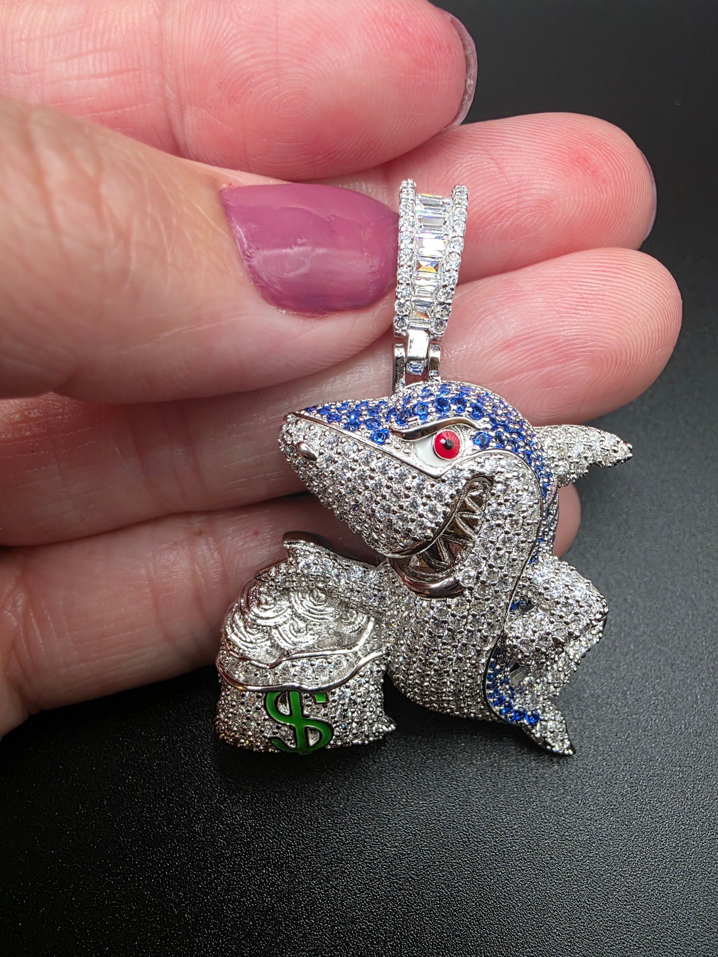 925 Sterling Silver Money Bag Shark Greed Clear and Blue CZ Pendant