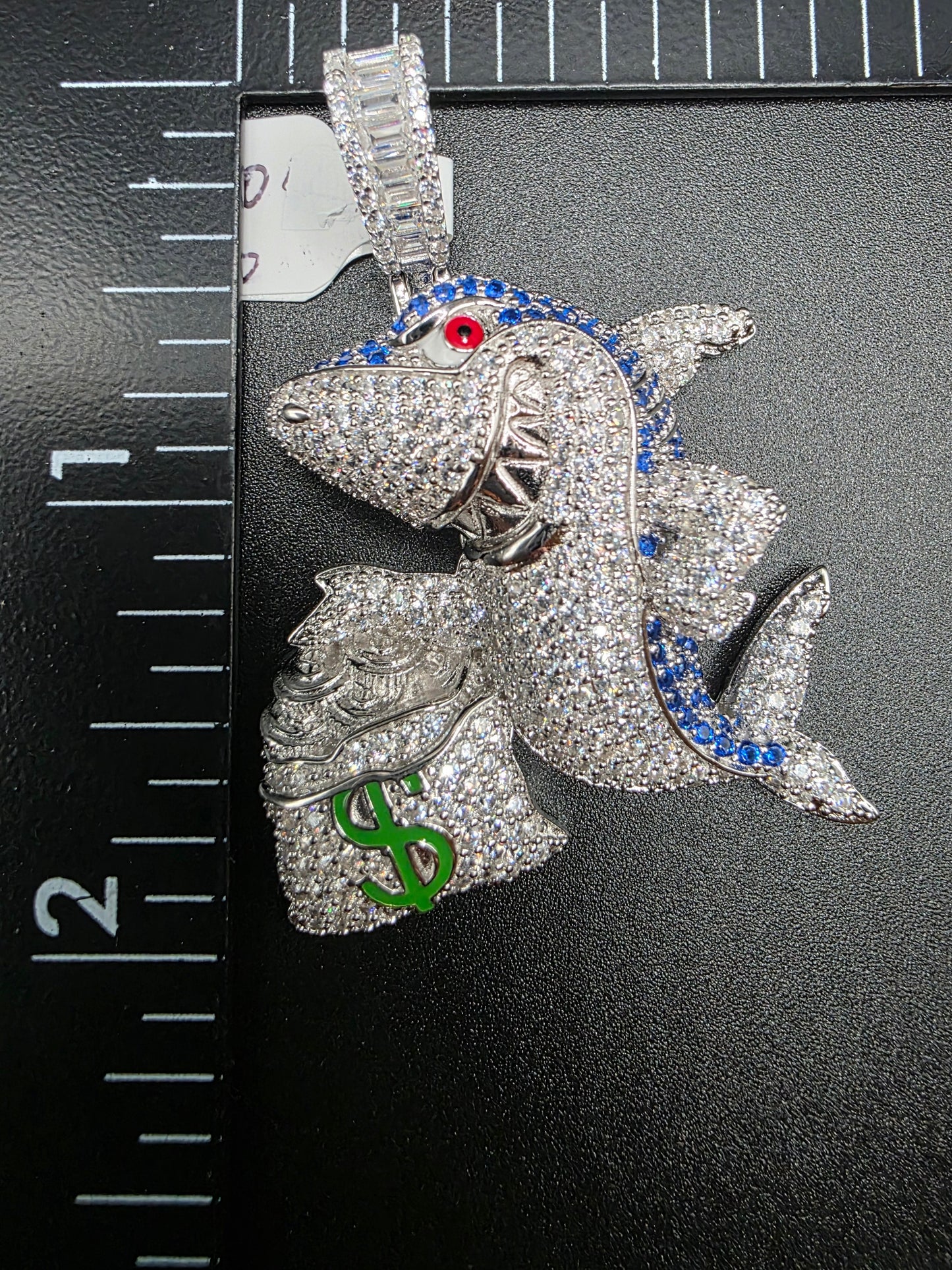 925 Sterling Silver Money Bag Shark Greed Clear and Blue CZ Pendant
