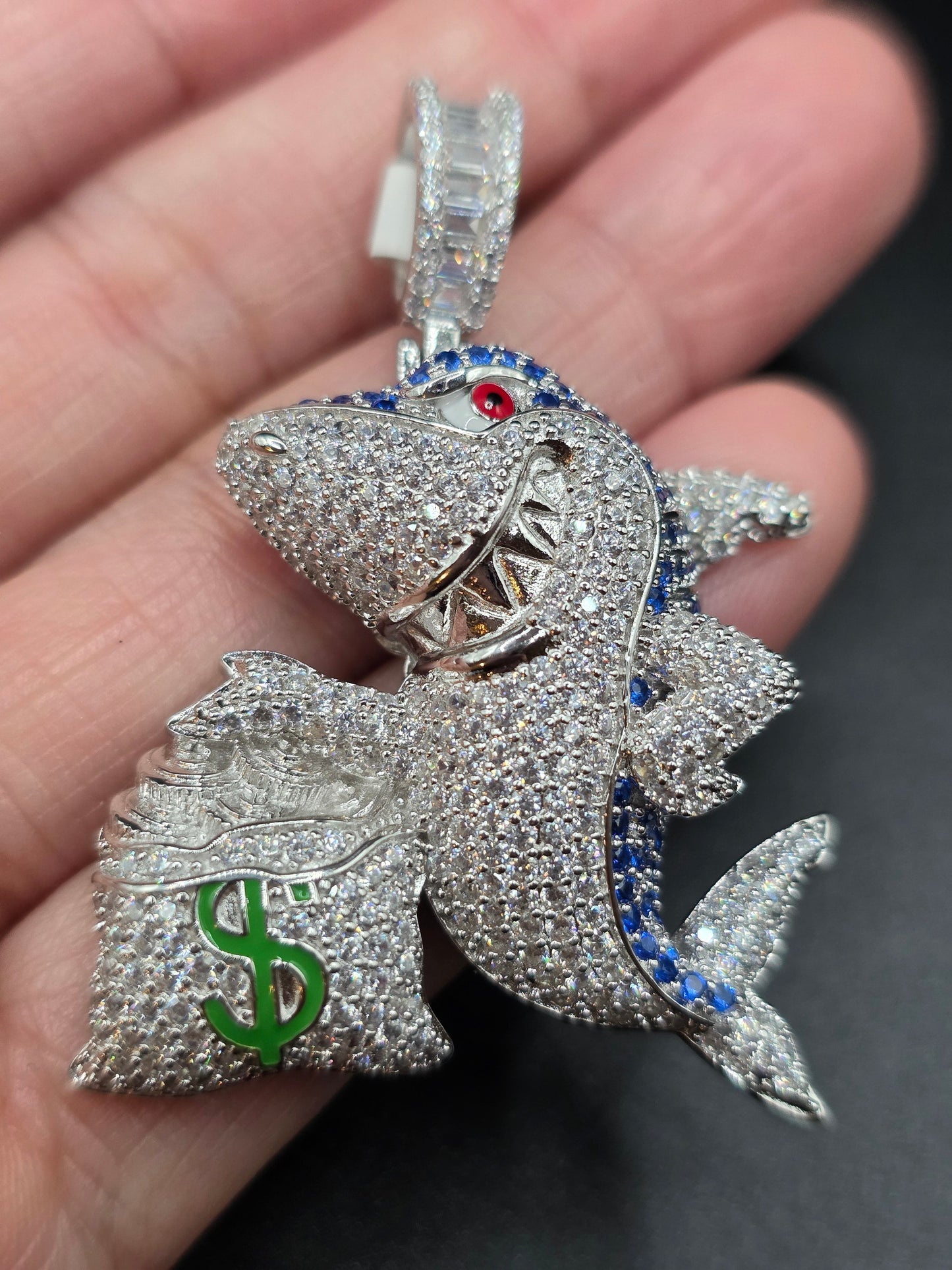925 Sterling Silver Money Bag Shark Greed Clear and Blue CZ Pendant