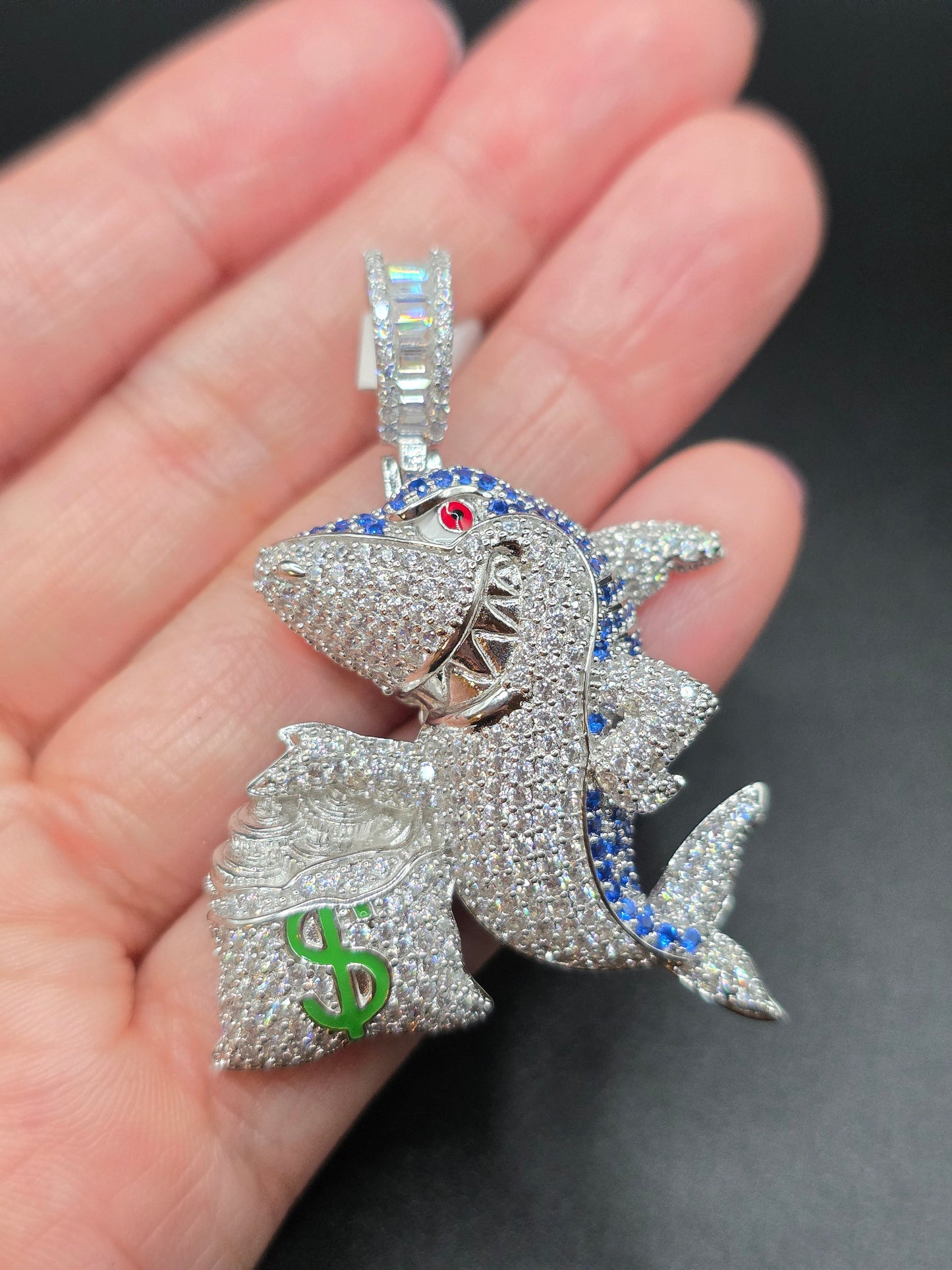 925 Sterling Silver Money Bag Shark Greed Clear and Blue CZ Pendant