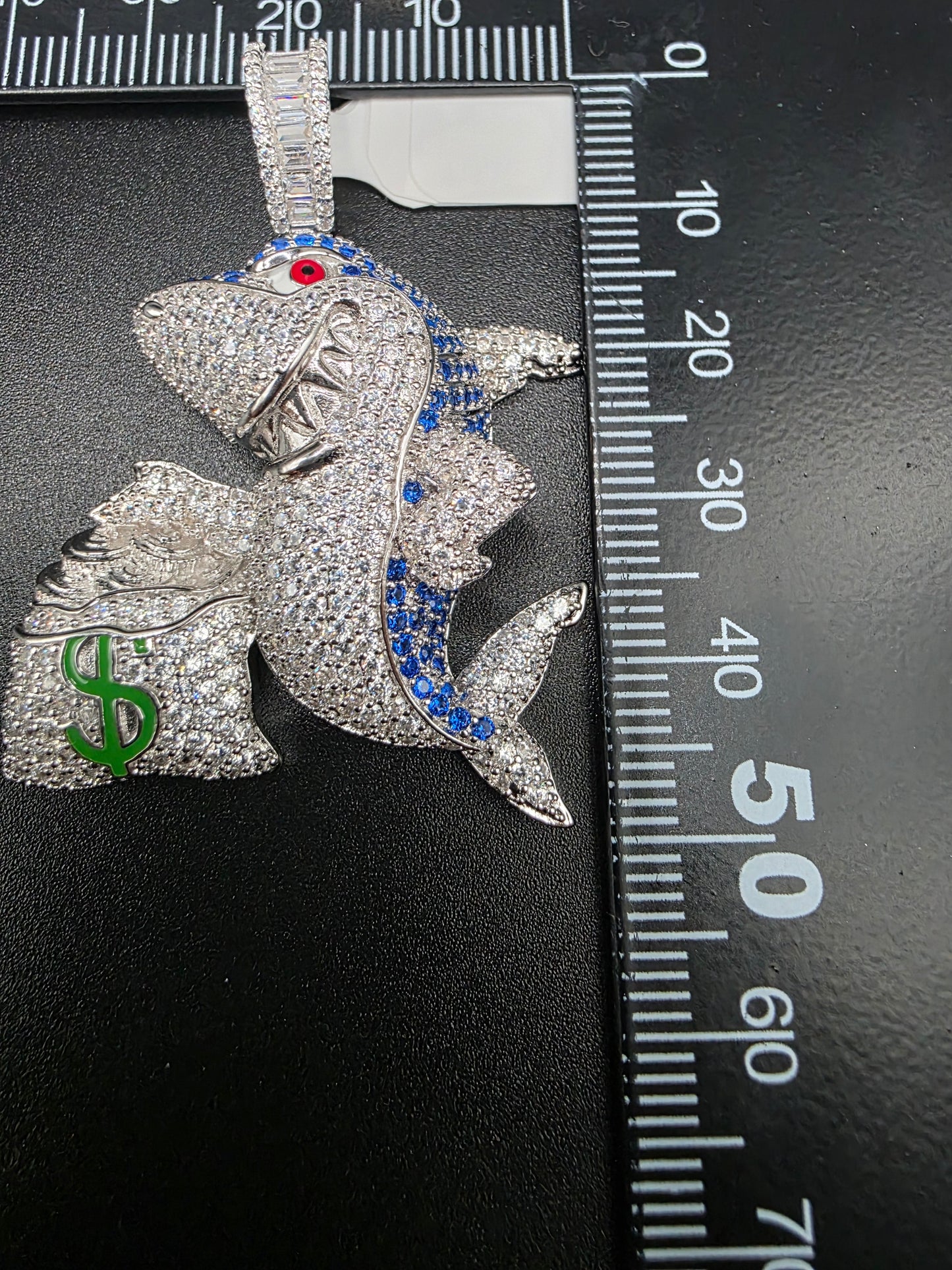 925 Sterling Silver Money Bag Shark Greed Clear and Blue CZ Pendant