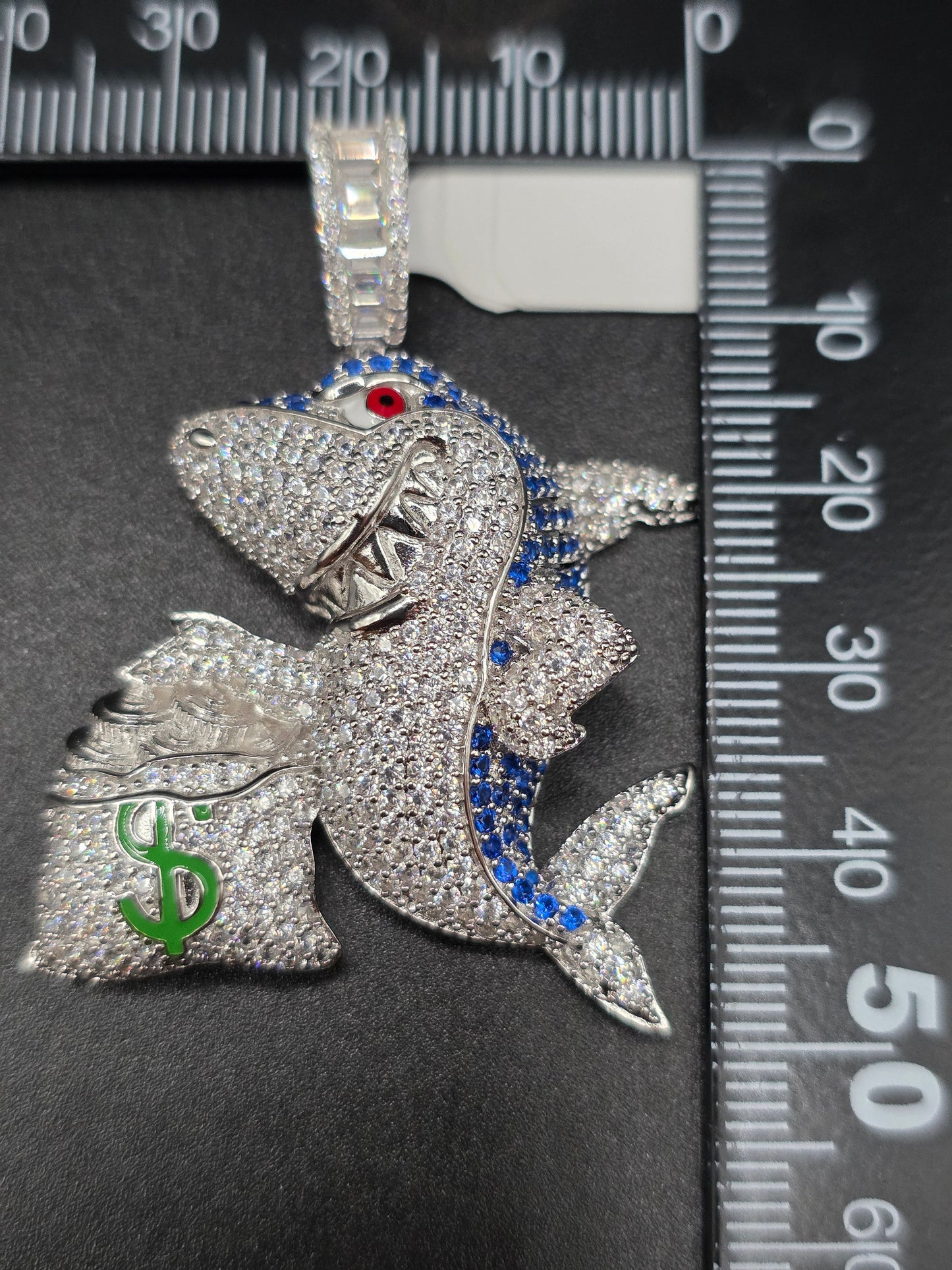 925 Sterling Silver Money Bag Shark Greed Clear and Blue CZ Pendant