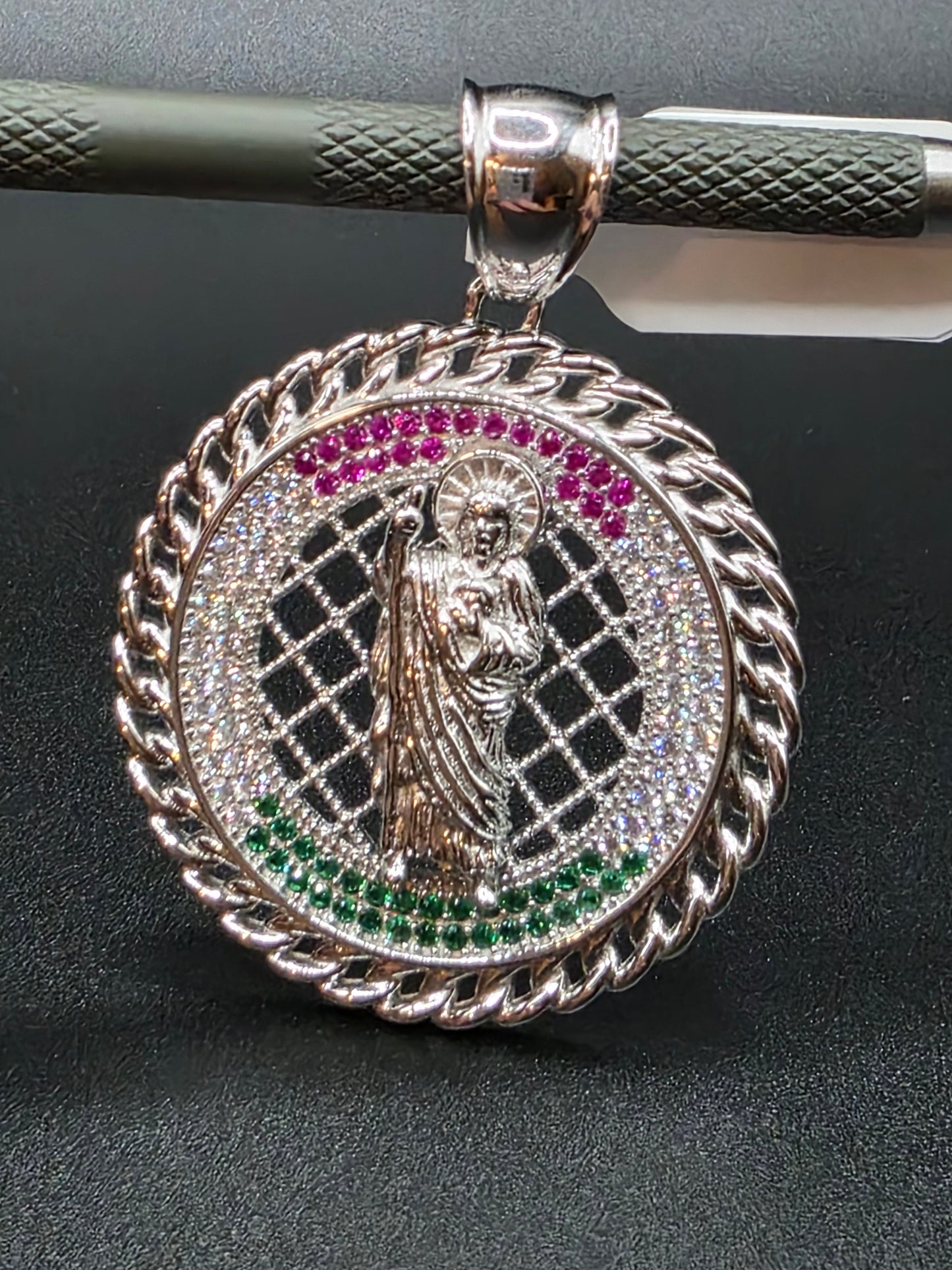 925 Sterling Silver Saint Jude Clear Green and Red CZ 35mm Pendant