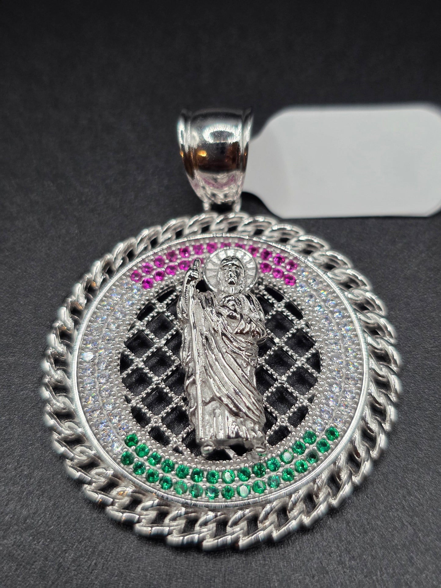 925 Sterling Silver Saint Jude Clear Green and Red CZ 35mm Pendant