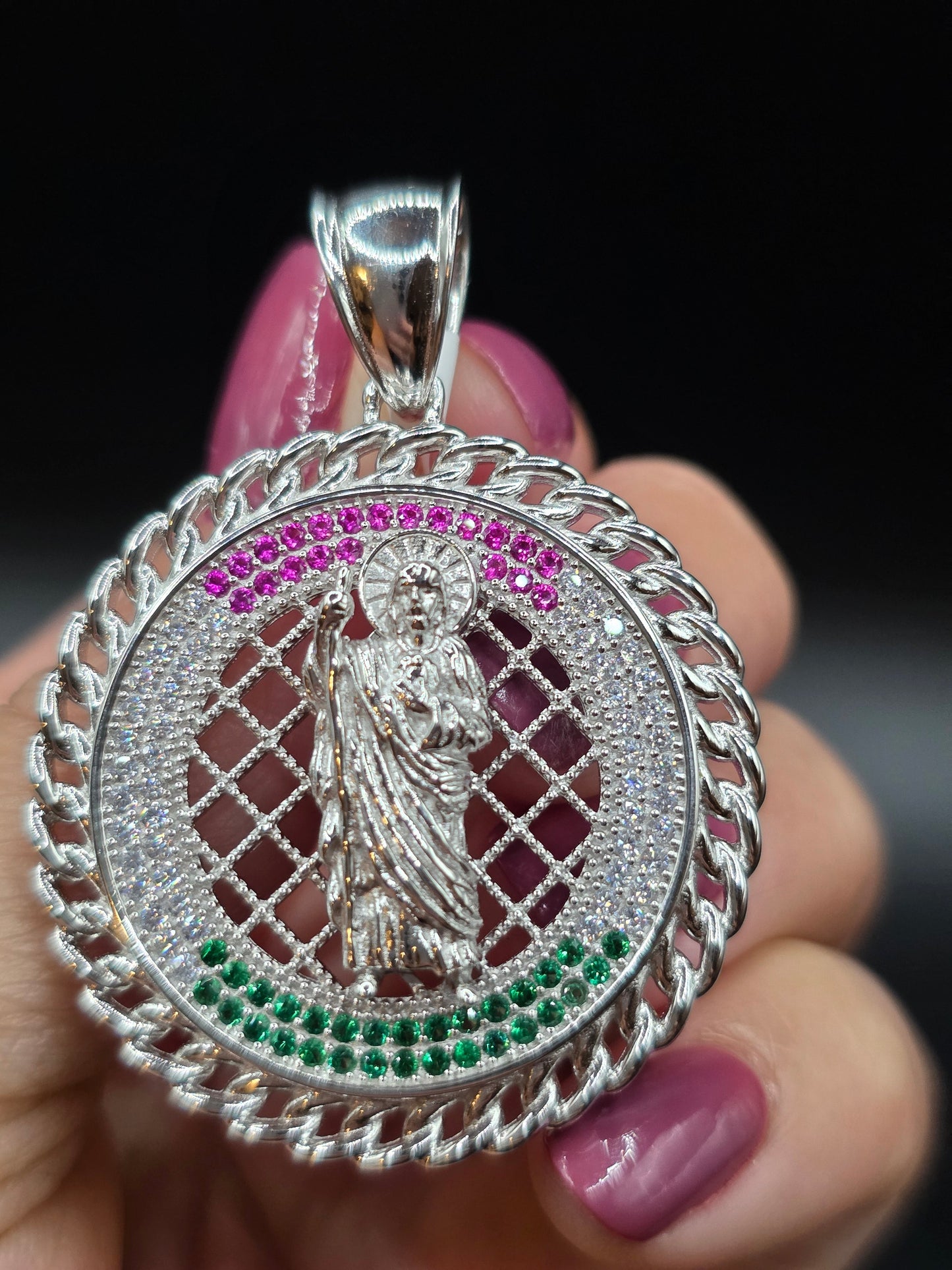 925 Sterling Silver Saint Jude Clear Green and Red CZ 35mm Pendant