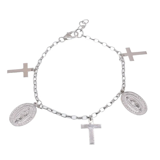 High Polished 925 Sterling Silver Guadalupe and Cross Adjustable Bracelet