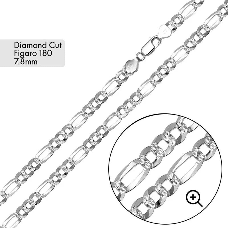 925 Sterling Silver Diamond Cut Figaro Bracelet 7.8mm