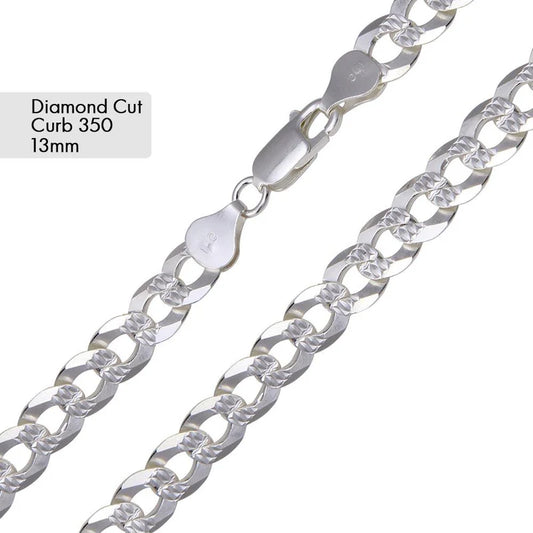 13MM 925 Sterling Silver 1 Side Diamond Cut 1 Side Plain Chain