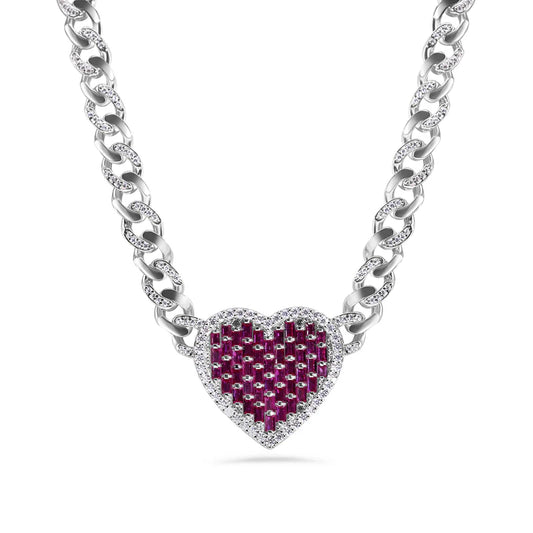 7MM 925 Sterling Silver Heart Baguette Pink and Clear CZ Encrusted Miami Cuban Link 7mm Chain