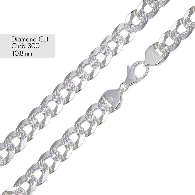 10.8MM 925 Sterling Silver 1 Side Diamond Cut 1 Side Plain Chain
