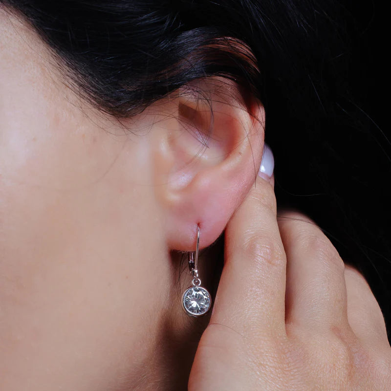 925 Sterling Silver Rhodium Plated Round Clear CZ Dangling Hook Earrings
