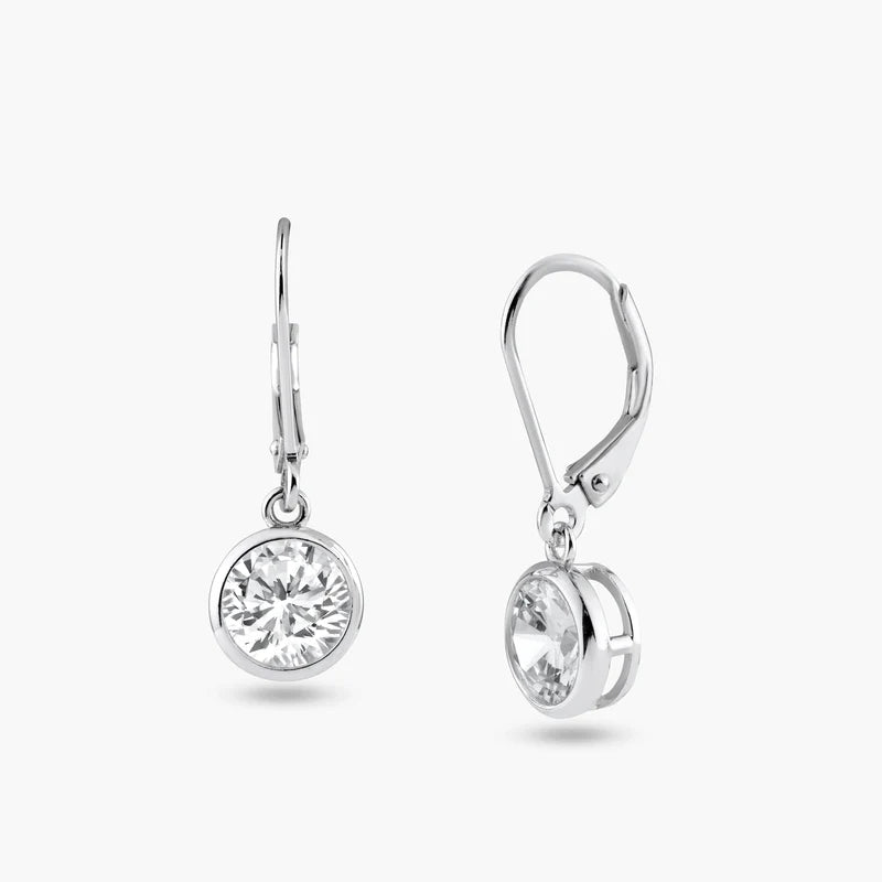 925 Sterling Silver Rhodium Plated Round Clear CZ Dangling Hook Earrings