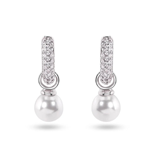 925 Sterling Silver Dangling Pearl Clear CZ Hoop Earrings