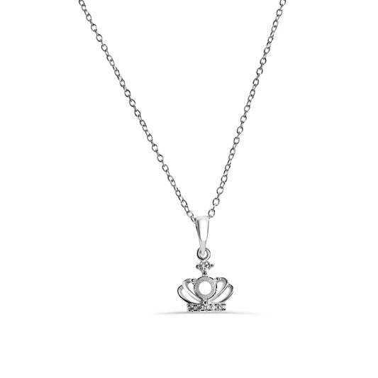 925 Sterling Silver Rhodium Plated Crown Mounting Clear CZ Necklace