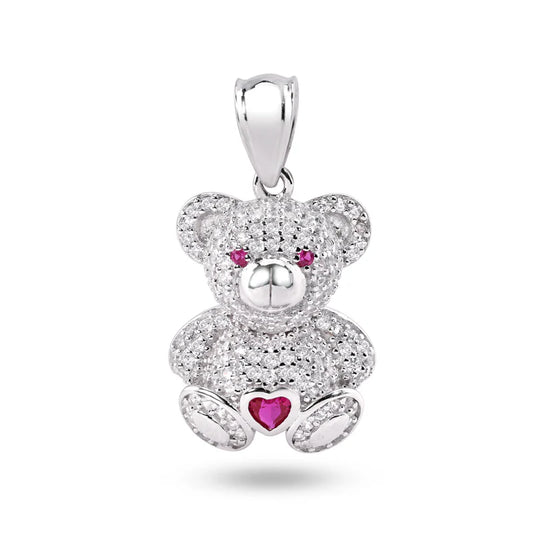 925 Sterling Silver Teddy Bear Heart Clear and Red CZ Pendant