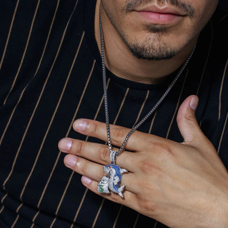 925 Sterling Silver Money Bag Shark Greed Clear and Blue CZ Pendant