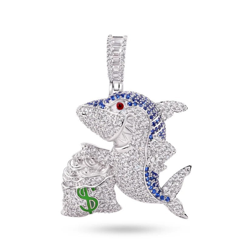 925 Sterling Silver Money Bag Shark Greed Clear and Blue CZ Pendant