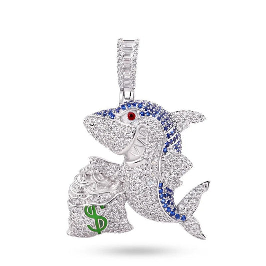 925 Sterling Silver Money Bag Shark Greed Clear and Blue CZ Pendant