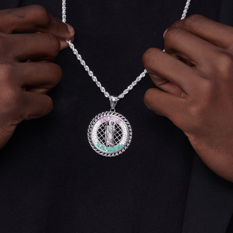 925 Sterling Silver Saint Jude Clear Green and Red CZ 35mm Pendant