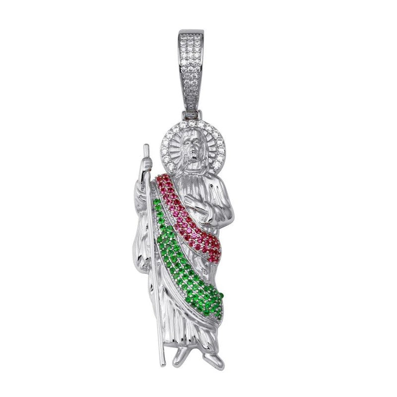 925 Sterling Silver Multi Color CZ St Jude Hip Hop Pendant