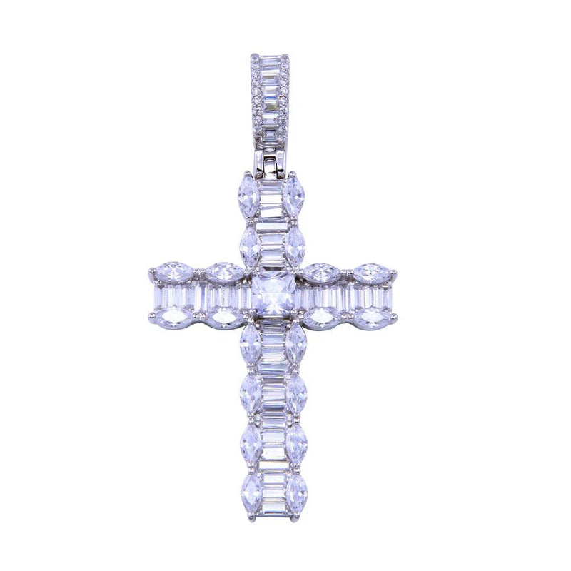 925 Sterling Silver Rhodium Plated CZ Baguette Cross Pendant..
