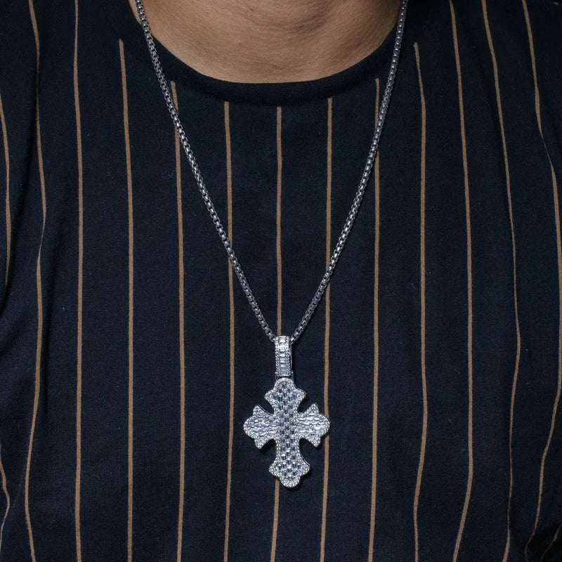 925 Sterling Silver 52.6mm Fleur De Lis Cross Baguette Cut Clear CZ Pendant