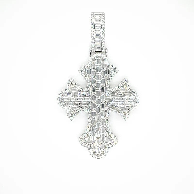 925 Sterling Silver 52.6mm Fleur De Lis Cross Baguette Cut Clear CZ Pendant