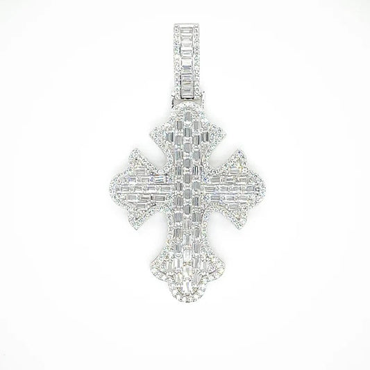 925 Sterling Silver 52.6mm Fleur De Lis Cross Baguette Cut Clear CZ Pendant