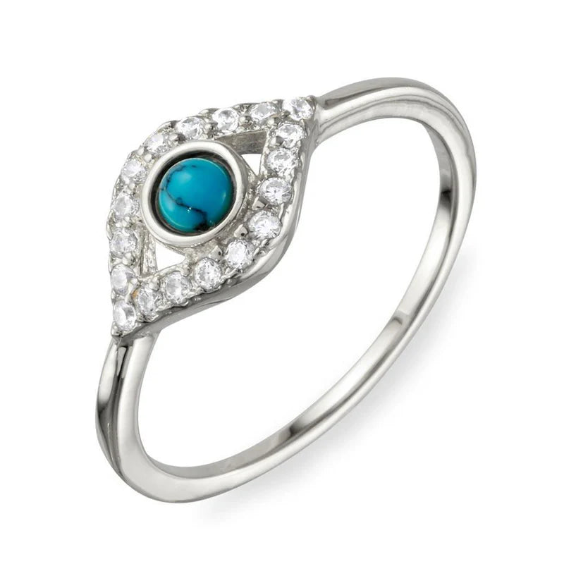 Anillo de plata de ley 925 con circonita cúbica y ojo malvado con cuenta turquesa