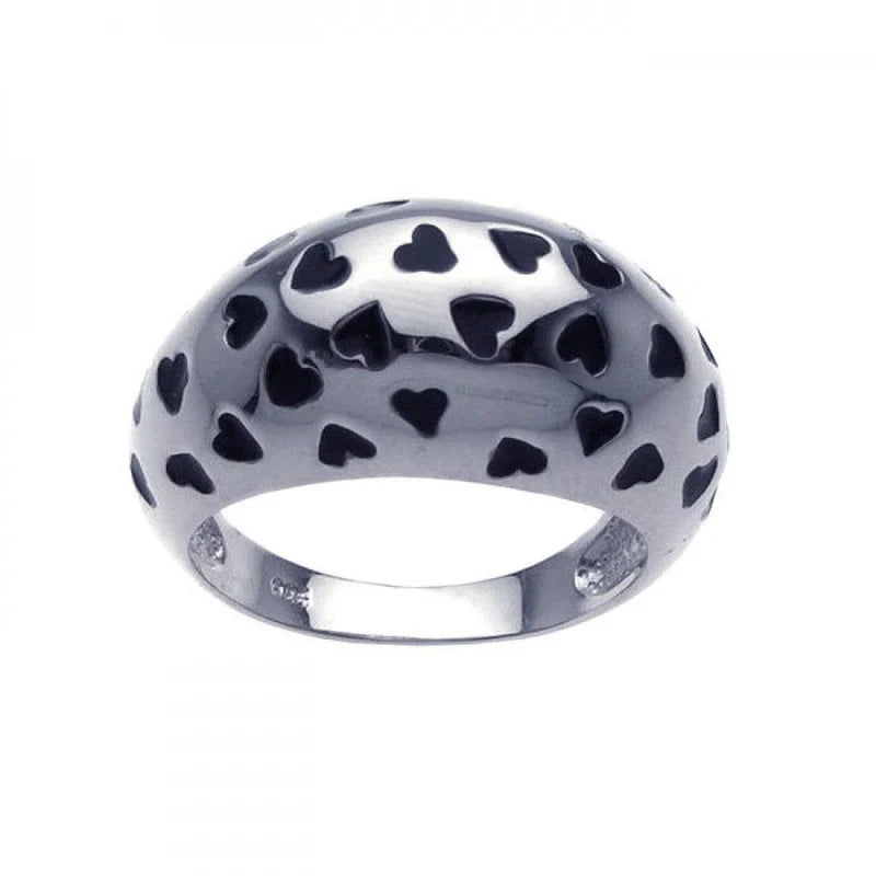 925 Sterling Silver Black Enamel Heart Dome Ring
