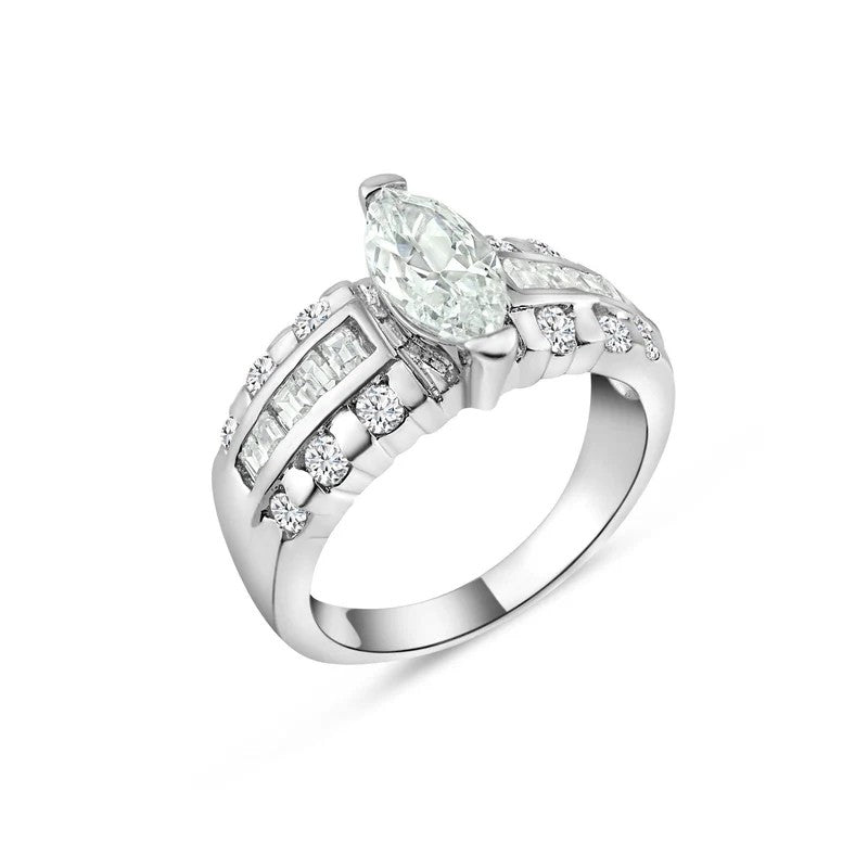 925 Sterling Silver Rhodium Plated Clear Marquise Center Channel Set Square CZ Bridal Ring..