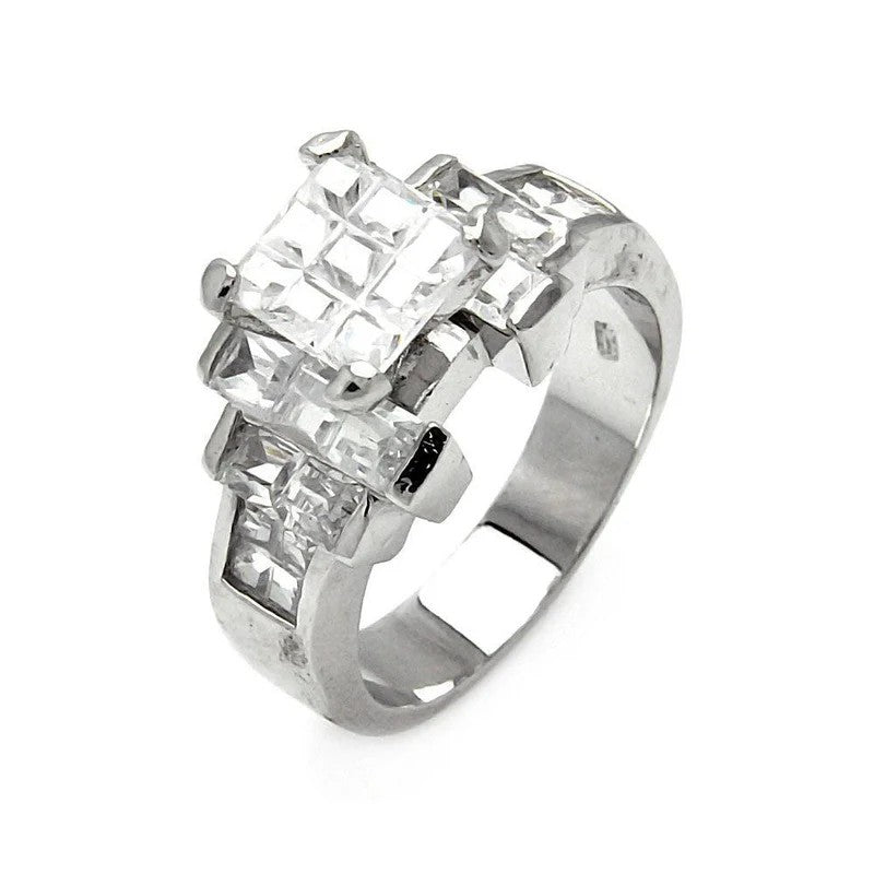 925 Sterling Silver Rhodium Plated Diamond Cut CZ Ring..