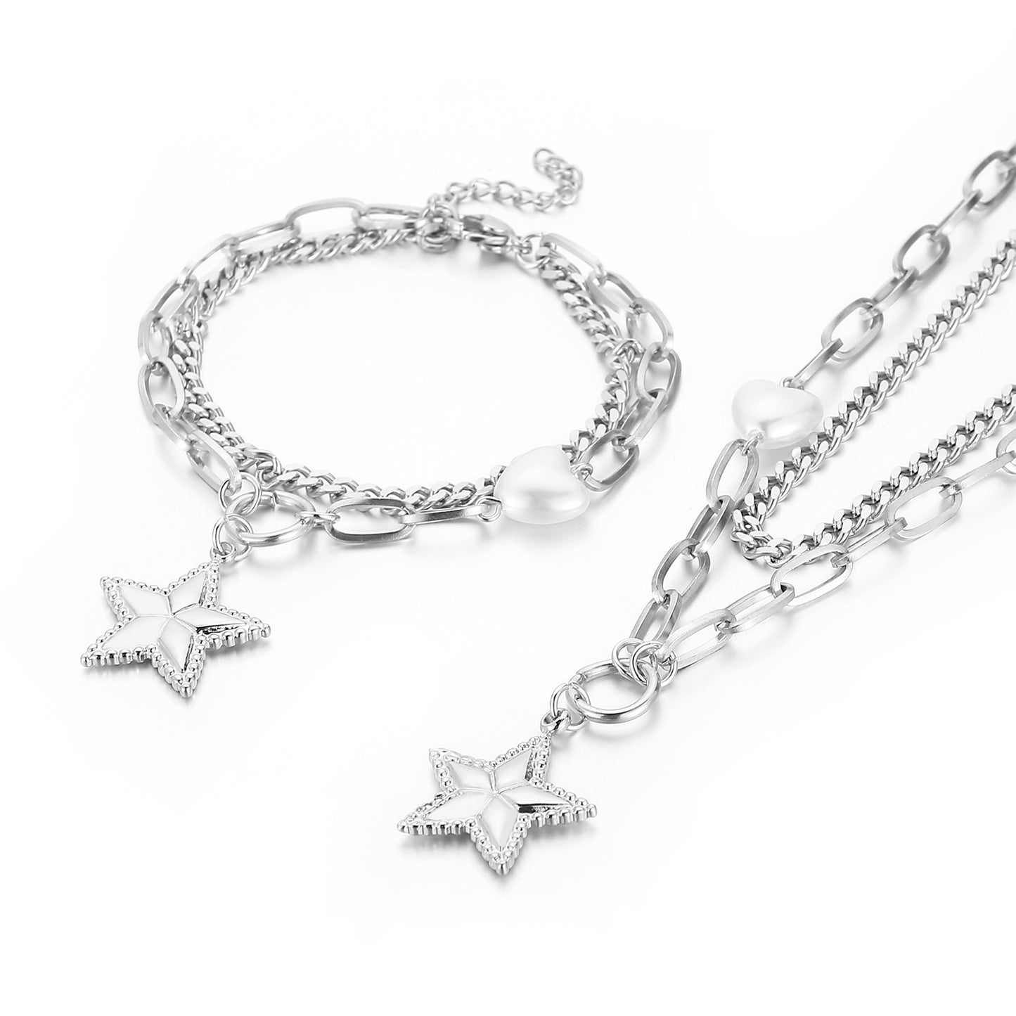 Heart & Star Shell Bracelets and Necklaces 316L Stainless Steel Jewelry Set for Women