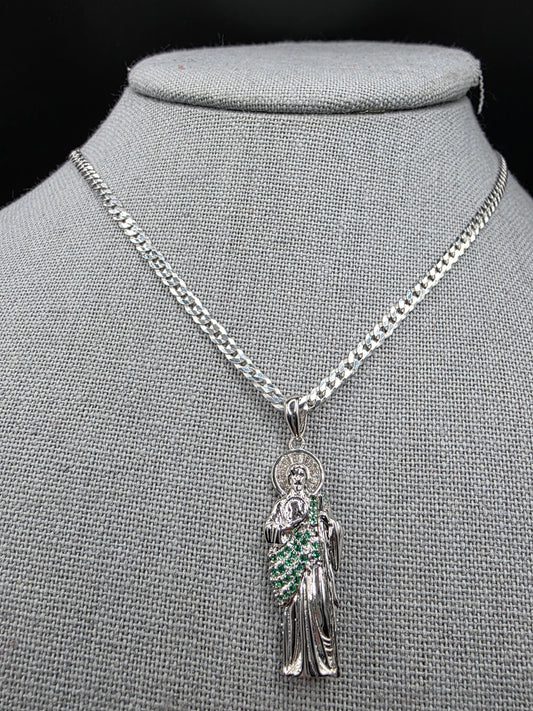 925 Sterling Silver St Jude Pendant Green CZ Curb Chain Necklace 20" San Judas